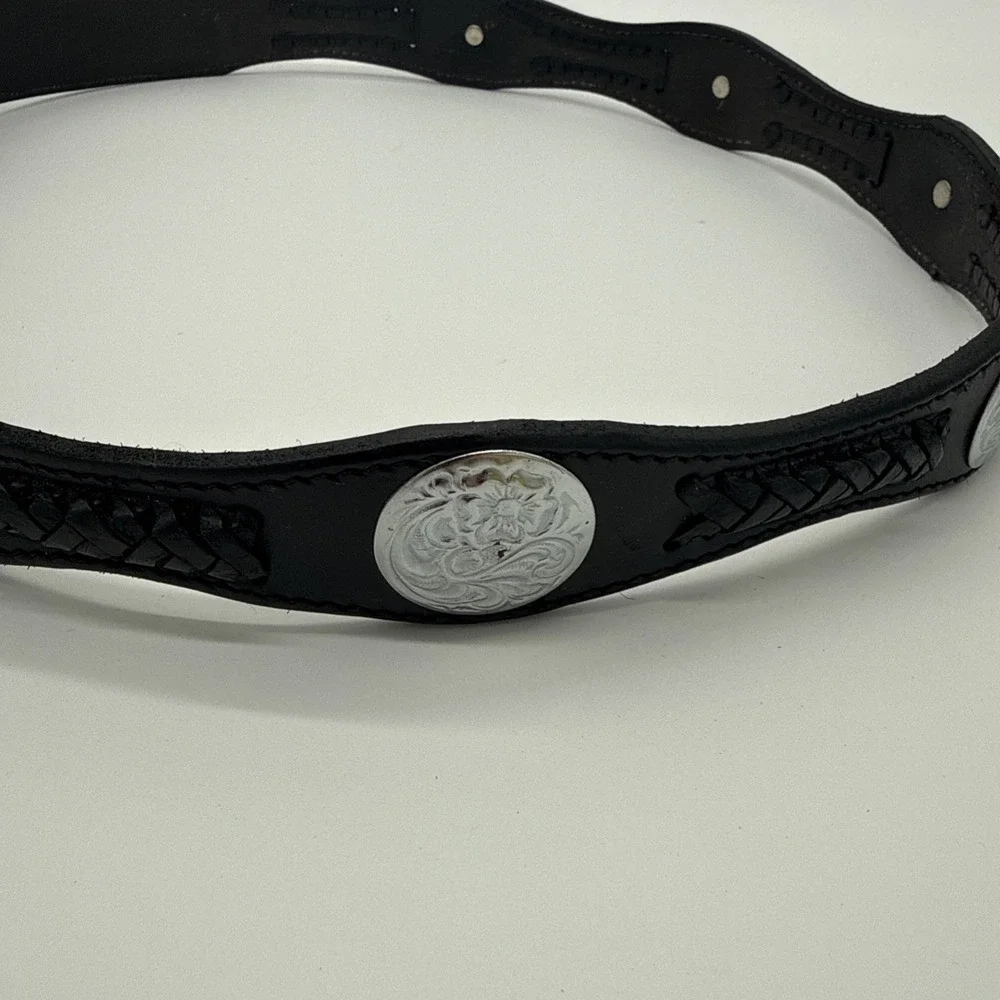 Cindilo Concha Belt Tooled Handcrafted Black Leather Western Tapered Size 36